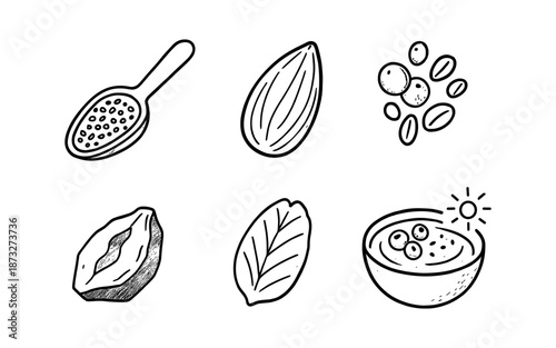 Hand-drawn collection of healthy food ingredients and breakfast bowl illustration