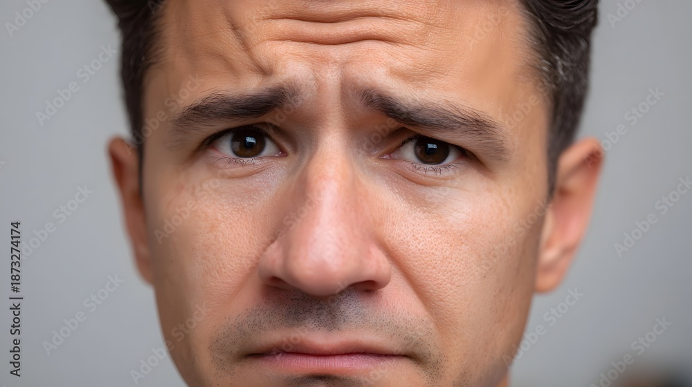 Obraz premium Close up portrait of a man with a deeply worried and sad expression conveying concern and deep thought