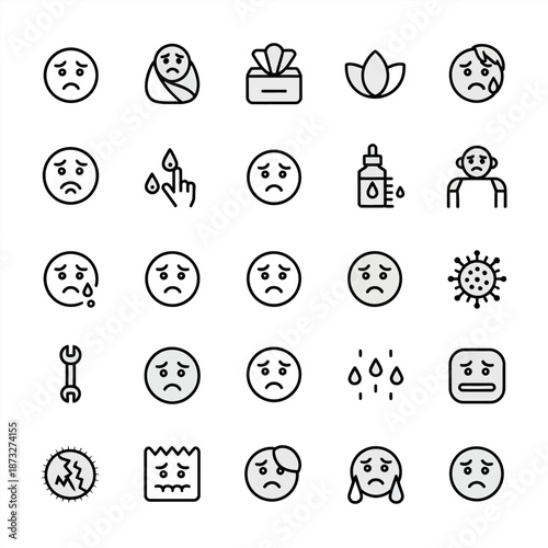 Line icon set of emotional faces and health symptoms illustrating stress, pain, illness, wellness concepts in minimalist outline style