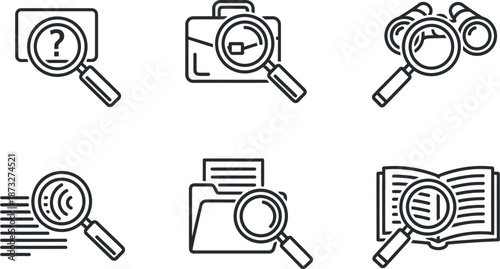 Collection of magnifying glass icons for research and investigation