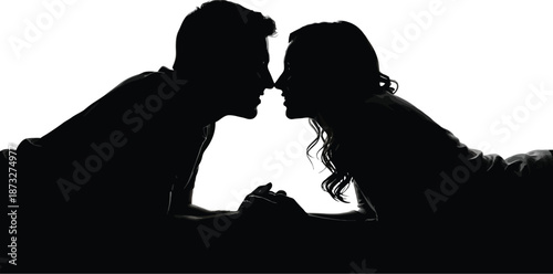 A romantic couple shares a tender moment in a silhouette against a white background.
