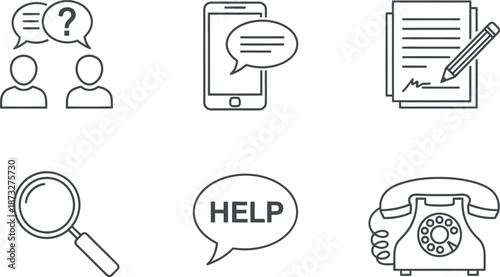 Customer support icons representing various assistance methods