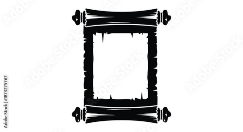 A striking black and white rectangular frame design with ornate scroll details a bold silhouette