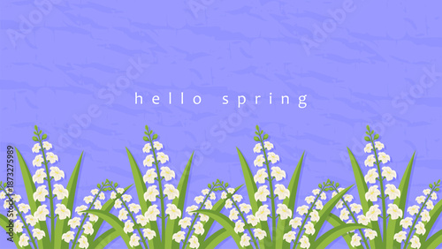 Hello spring horizontal banner with white lily of the valley flowers on purple textured background.