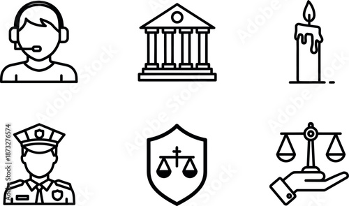 Justice and law enforcement icons set for legal services