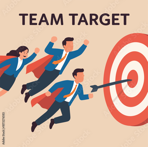 Team target, teamwork or professional aiming and reach business goal, work achievement, cooperation to success, leadership or challenge concept, business people superhero fly to reach target bullseye.