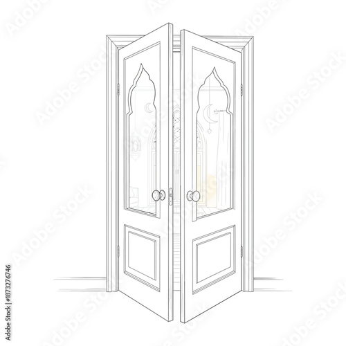Arched Doors: A detailed sketch captures the elegance of a pair of arched doors, poised to open, hinting at the mystery and allure that lies beyond.