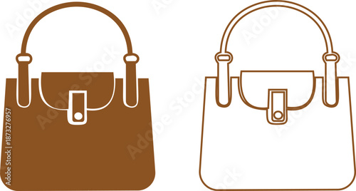 Women handbag icons set collection with purse bag tote clutch shoulder styles in flat and line design, fashion accessory outline illustration group for shopping retail UI branding