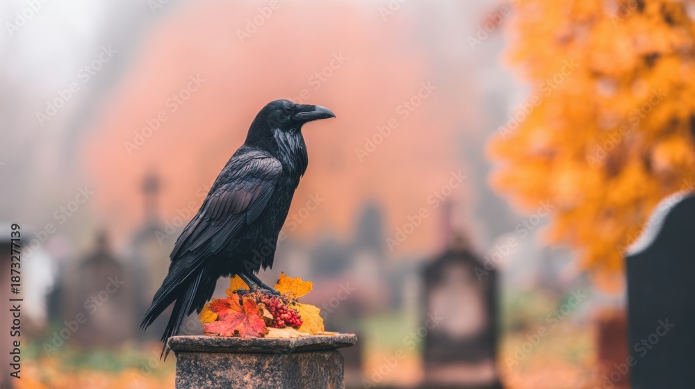 Fototapeta premium Raven on a gravestone surrounded by autumn leaves in a foggy cemetery