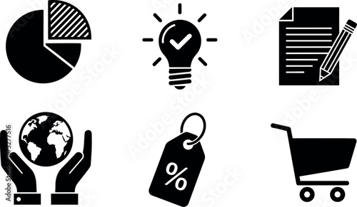 Business icons representing data analysis and global marketing