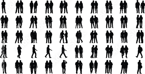 Large people silhouette collection showing standing, walking, couples and groups for social interaction, urban crowd scenes, and human behavior concepts
