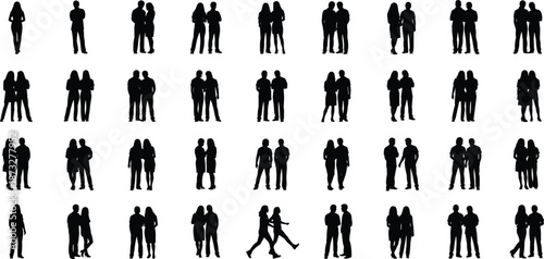 People silhouette collection showing couples, groups, standing and walking figures for social interaction concepts, urban scenes, and design use