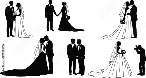 Wedding couple silhouette collection showing bride and groom poses, ceremony moments, romance and celebration scenes for invitations, events, and design projects