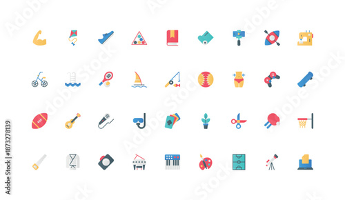 Hobby for leisure and weekend free time color icon set. Outdoor and indoor recreation activity and sport games, photography and painting, fishing and skateboard flat elements vector illustration