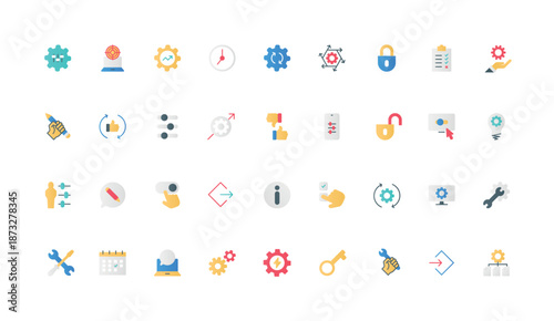 Gears of operation and settings control, setup management on panel with equalizer color icon set. Data modification, update and download, human finger on slider flat elements vector illustration