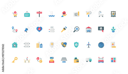 Buy and sell, rent real estate, building plan and home renovation color icon set. Sustainable technology for smart home, search and repair services, garage for car flat elements vector illustration