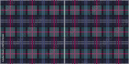 Seamless modern tartan, twill weave texture. Traditional style in dark blues and greens with bright stripes