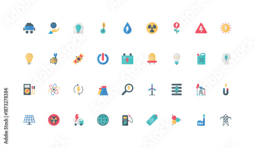 Energy generation with different type of resources color icon set. Oil and gas production, coal industry and battery, factory, sustainable station with generators flat elements vector illustration