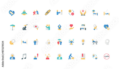 Love and care, stress relief, relaxation for mental health color icon set. Friend support and music for positive mood, sleep and psychologist therapy, pet and yoga flat elements vector illustration