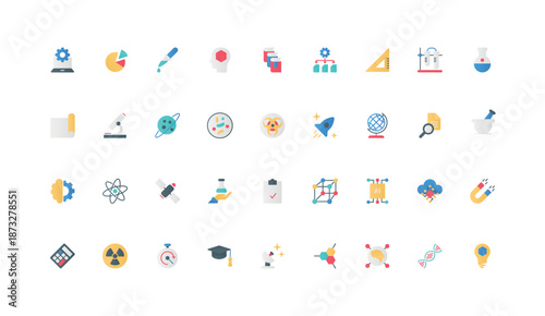 Science research with AI, scientific lab experiment, knowledge of molecular structure color icon set. Physics and biology, chemistry and space, scientist publications flat elements vector illustration