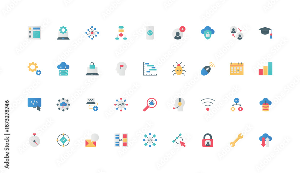 Fototapeta premium Software code development, coding, testing and bug search color icon set. program setup and programmers tool, algorithm and configure, web homepage and language flat elements vector illustration