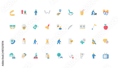 Gerontology, elderly care and retirement activity for old citizens, rest color icon set. Exercises and diet for grandma and grandpa, walk with cane and wheelchair flat elements vector illustration