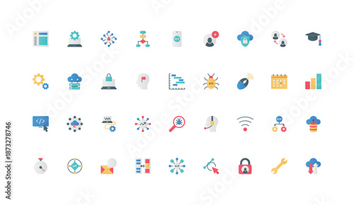 Software code development, coding, testing and bug search color icon set. program setup and programmers tool, algorithm and configure, web homepage and language flat elements vector illustration