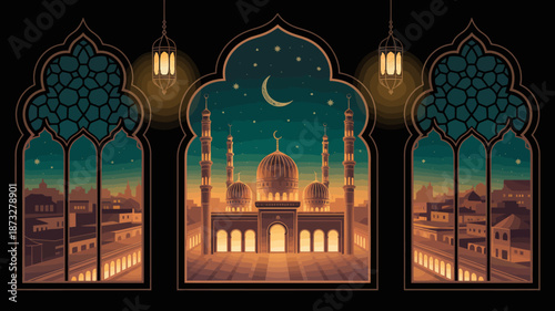 A beautifully designed illustration of a mosque under a starry night sky, accentuated by glowing lanterns and a crescent moon, evoking calm and spiritual peace.