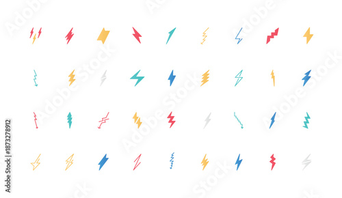 Lightning bolt of energy power and lightening, fast electric thunderbolt in storm color icon set. Flash shock bolt signs of different shapes and arrow, blitz flat elements vector illustration