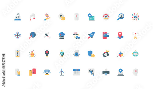 Electronic devices, communication and equipment with remote control for smart home color icon set. Automation and AI processor, drone and robot, ultrasound machine flat elements vector illustration