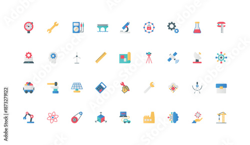 Engineering with AI, modern technology in industry and construction, city infrastructure, manufacturing color icon set. Blueprint and tools, engineers thinking flat elements vector illustration
