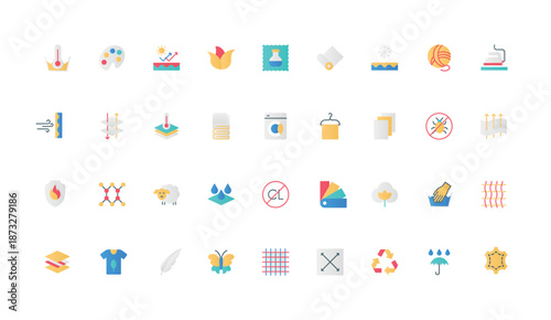 Fabric features and properties of fiber and textile color icon set. Resistant to water and temperature, ultraviolet, breathable material, lightweight feather, silk flat elements vector illustration