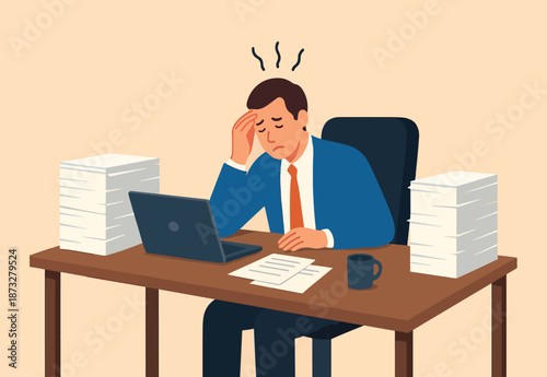 Work stress, tired or fatigue from overworked, busy to finish project within deadline, anxiety or exhaustion, headache concept, frustrated businessman sitting on office desk with busy unfinished work