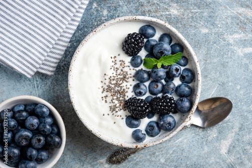 Greek yogurt bowl with berries and chia seeds