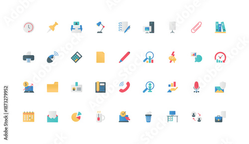 Office work, stationery of workplace, paperwork of businessman and secretary color icon set. Folders and archive, paper document and meeting, telephone and briefcase flat elements vector illustration