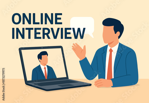 Online video interview, meeting discussion or teaching e-learning, job interview or employment, talk or chat with colleague, conference call, businessman talking on computer laptop online interview.