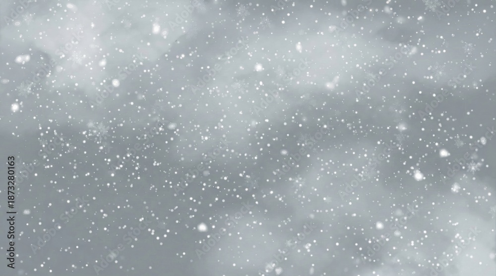 Fototapeta premium Falling snowflakes and gentle snowfall on gray cloudy background, winter weather seasonal atmosphere, cold and peaceful scene for holidays or nature themes