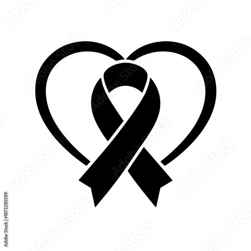 Black Awareness Ribbon Heart Icon, Remembrance