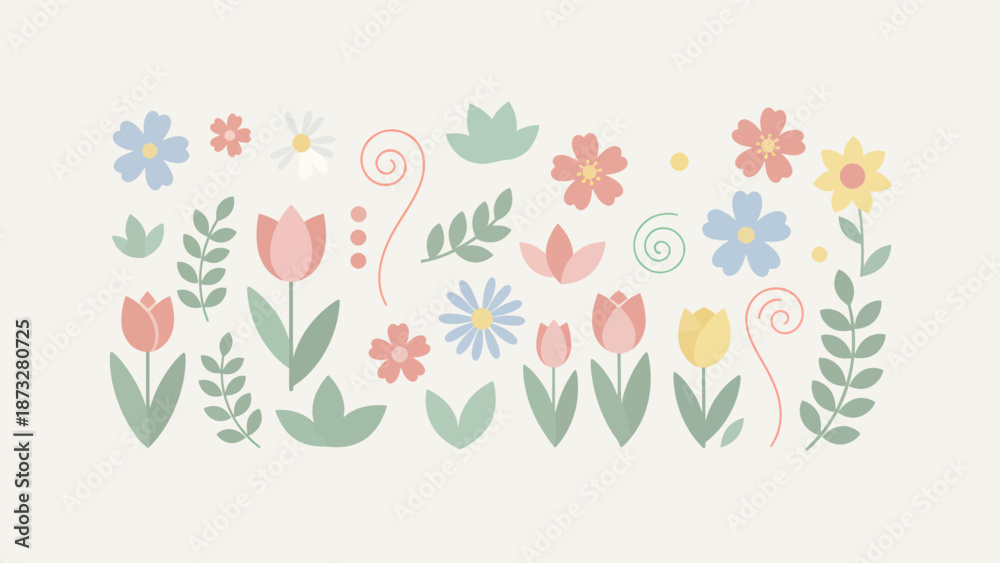Fototapeta premium Pastel Floral Elements Vector Set with Flowers and Leaves