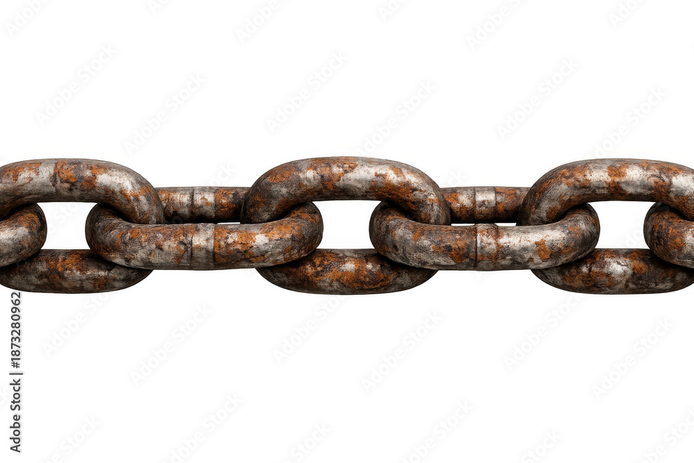 Fototapeta premium Rusty metal chain showing strength and durability, weathered industrial links with corrosion on a transparent background