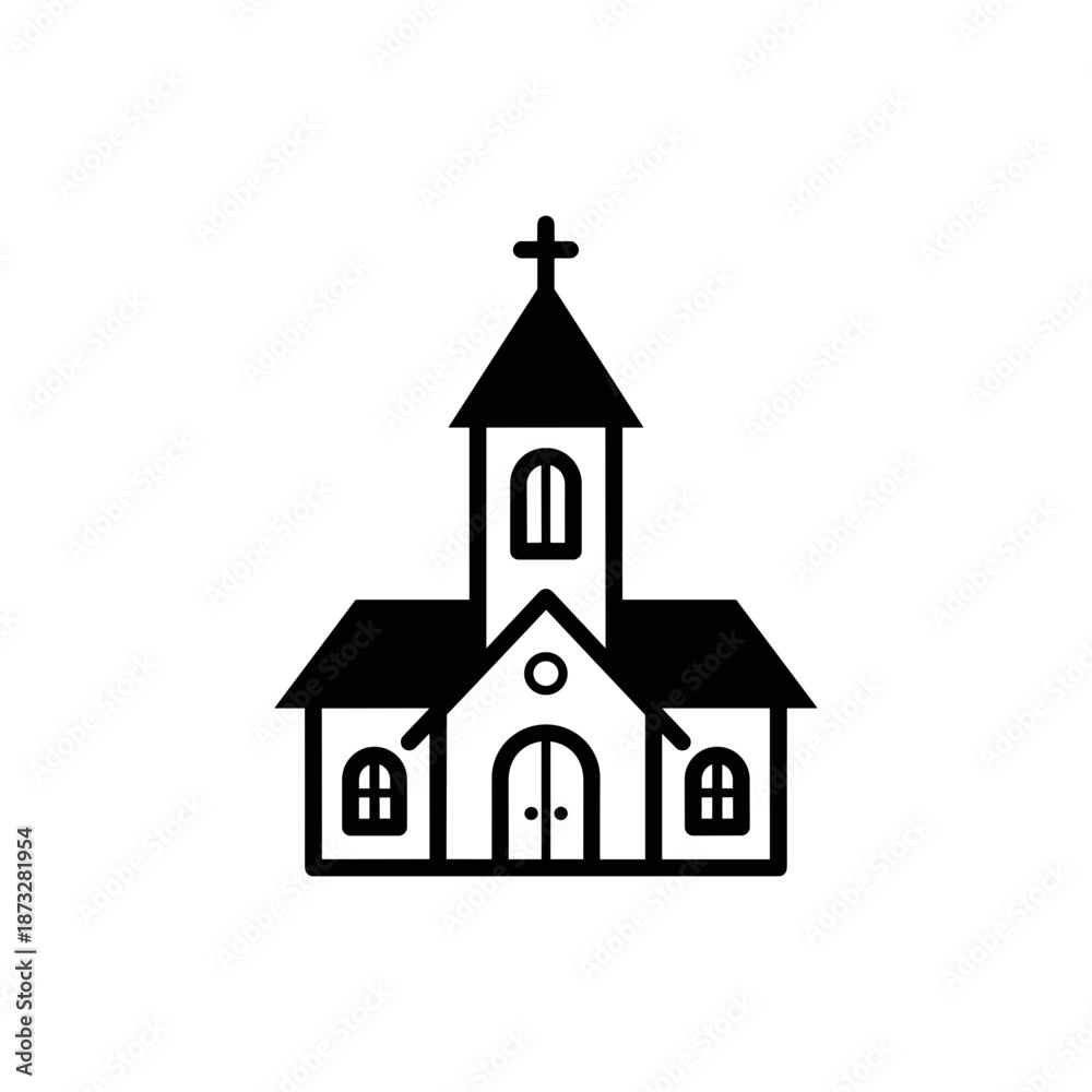 Fototapeta premium Simple church silhouette with cross and steeple in black 