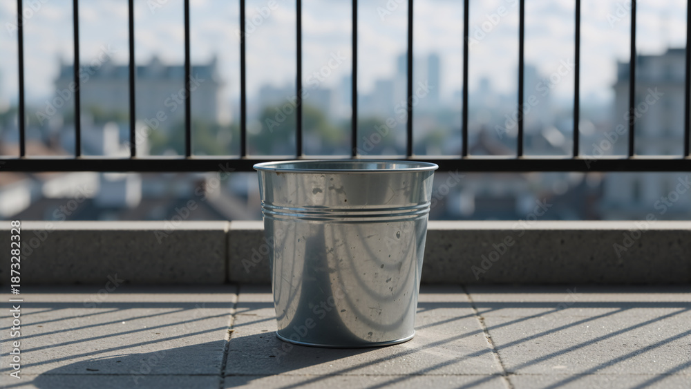 Obraz premium Galvanized metal bucket on a balcony floor. Empty silver container with blurred city background. Urban terrace with railing shadows in bright sunlight