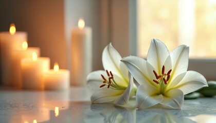 White lilies lie next to burning candles in soft light. Floral arrangement for funeral service. Memorial day or remembrance. Sympathy card with white lily flowers and flame. Sorrow in closeup.