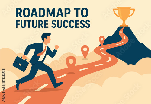 Roadmap to future success, career journey or business plan to reach target, achievement or step to develop and ambition achieve goal, businessman running on business roadmap to reach success trophy.