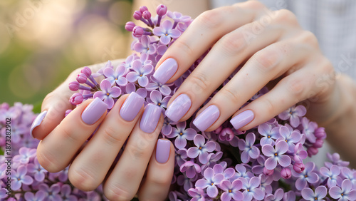 Female hands with glossy lilac nail polish holding blooming purple flowers. Spring beauty and nail care concept