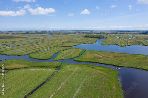 Aerial view of  over Historic dutch Waterland landscape in may, the ilperveld near Den Ilp and Landsmeer the  Netherlands