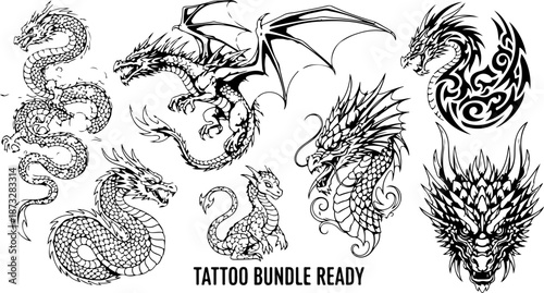 Medieval Winged Dragon Crests & Mythical Flying Beast Silhouette Set
