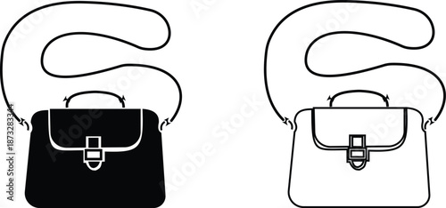 Women handbag icons set collection with purse bag tote clutch shoulder styles in flat and line design, fashion accessory outline illustration group for shopping retail UI branding