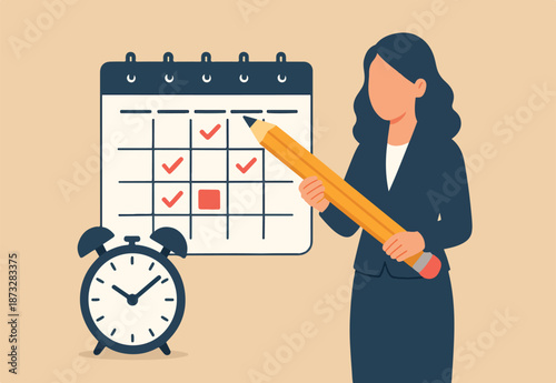 Work schedule or syllabus calendar, planning for appointment and event, project management timeline, or business deadline reminder concept, woman holding pencil with schedule calendar and alarm clock