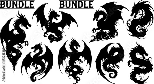 Medieval Winged Dragon Crests & Mythical Flying Beast Silhouette Set